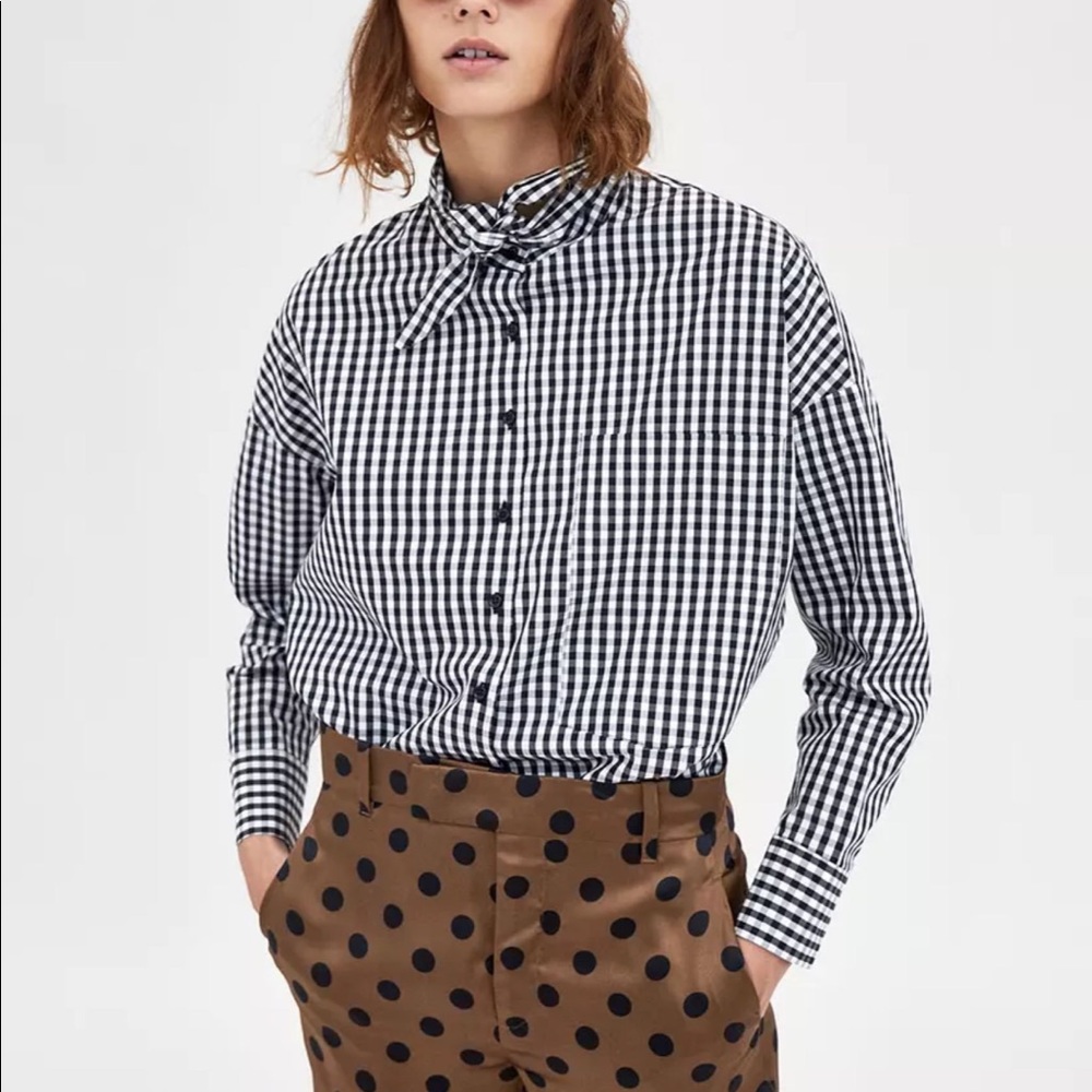 New Zara Ribbon Tie Checkered Oversized Shirt Med